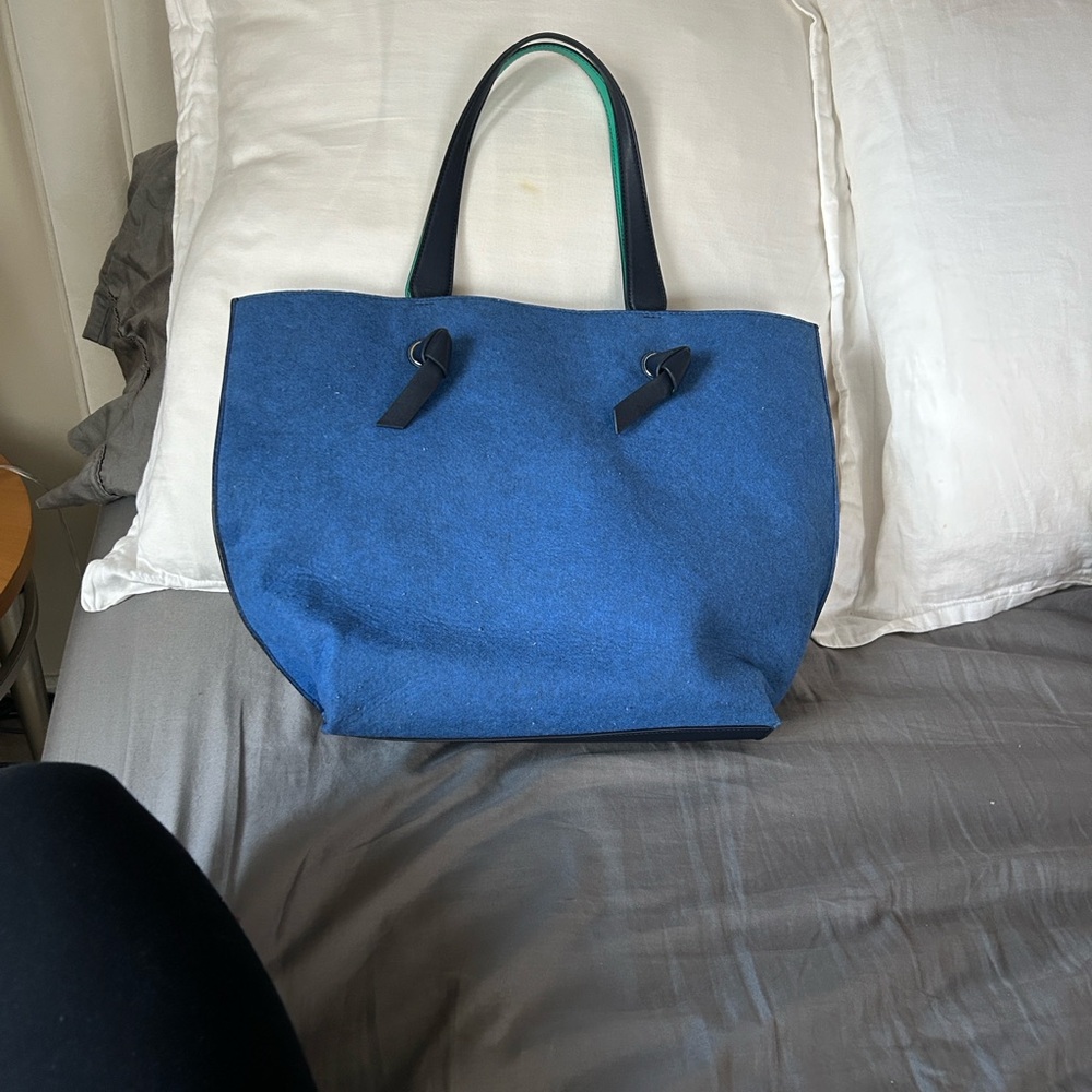 Tory Burch Navy and Teal Felt Colorblock Tote Bag - Picture 7 of 10